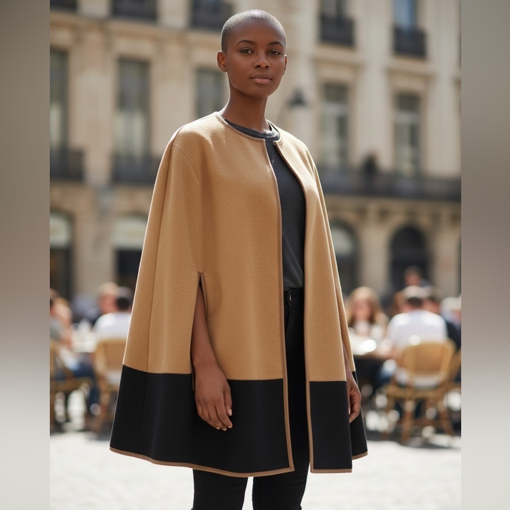 BCBGENERATION TAN & BLACK COLORBLOCK CAPE SHRUG LAGENLOOK MINIMALIST WHIMSY OS